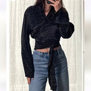 ZARA Black White Polka Dot Satin Tie Bow Blouse